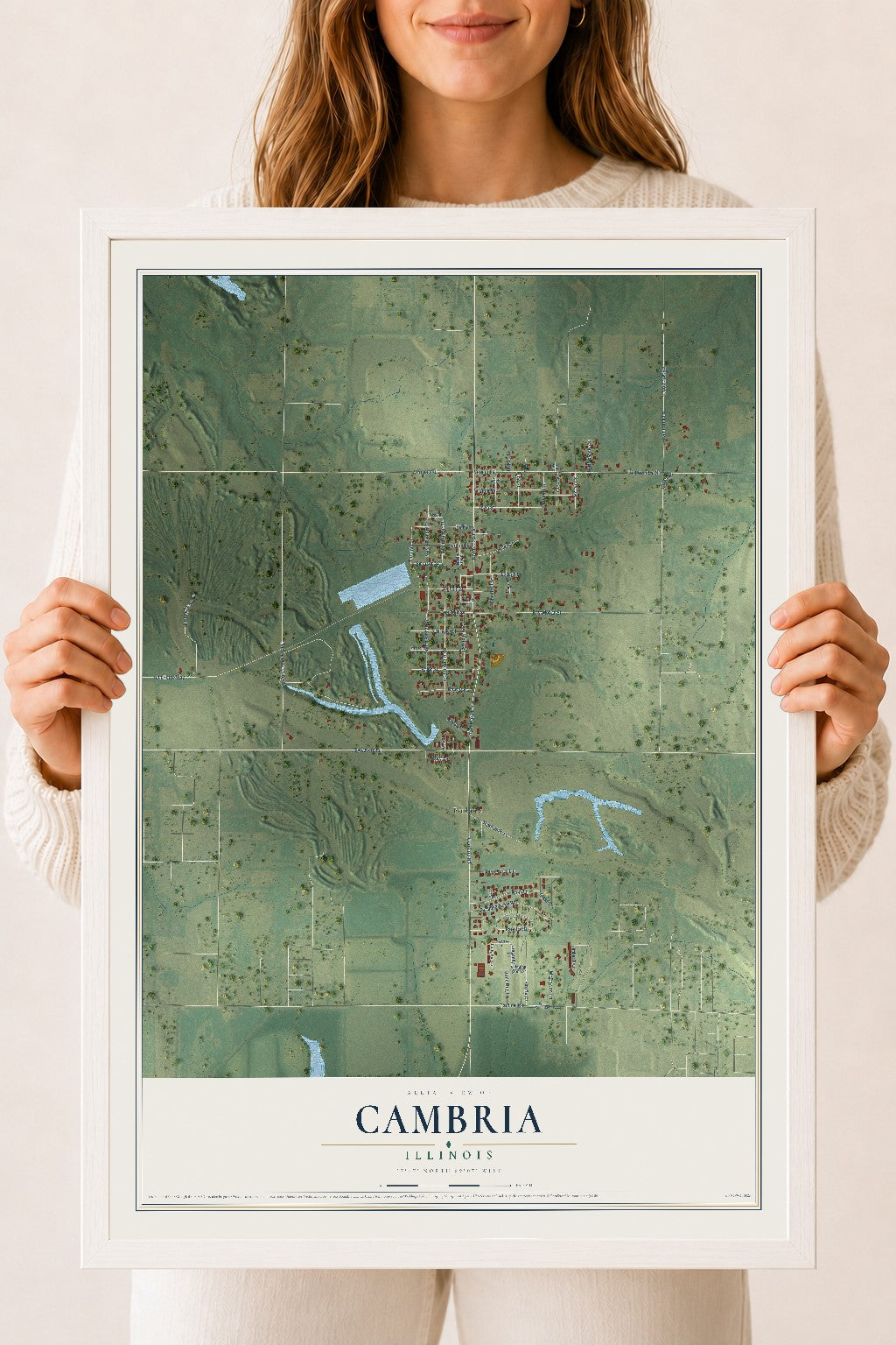 Map of Cambria, Illinois, 18 x 24 inch print in a white wood frame