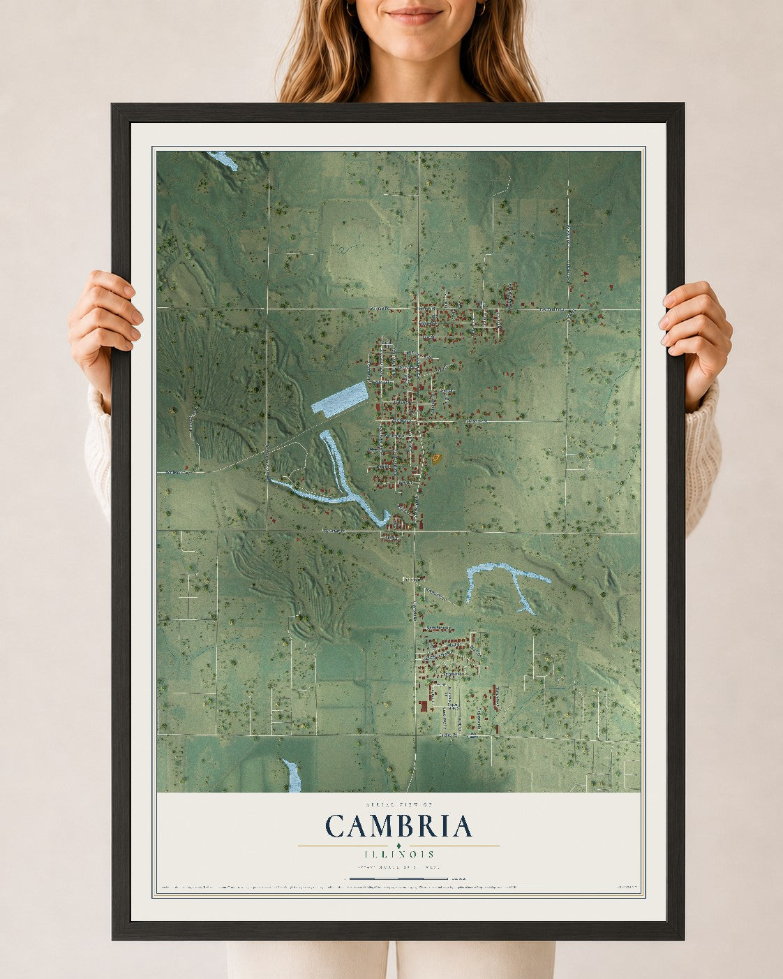 Map of Cambria, Illinois, 24 x 36 inch print in a black wood frame