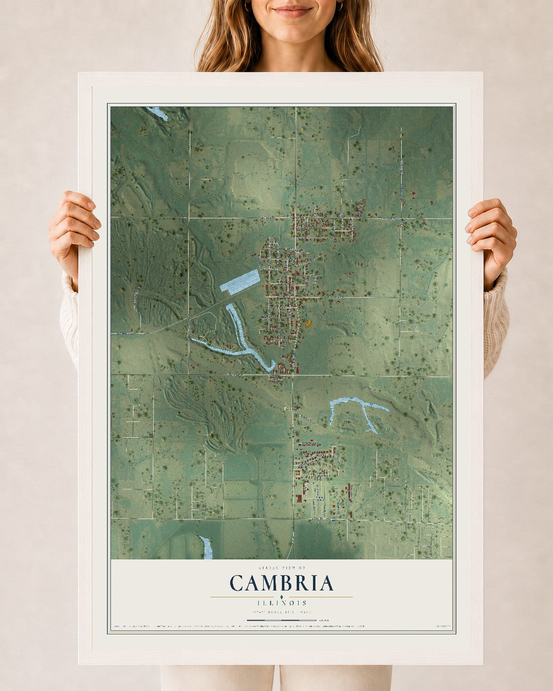 Map of Cambria, Illinois, 24 x 36 inch print in a white wood frame
