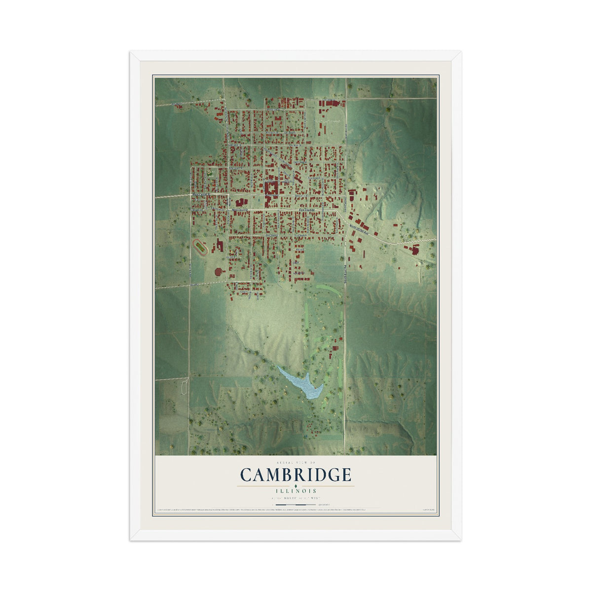 Map of Cambridge, Illinois, 12 x 18 inch print in a white wood frame