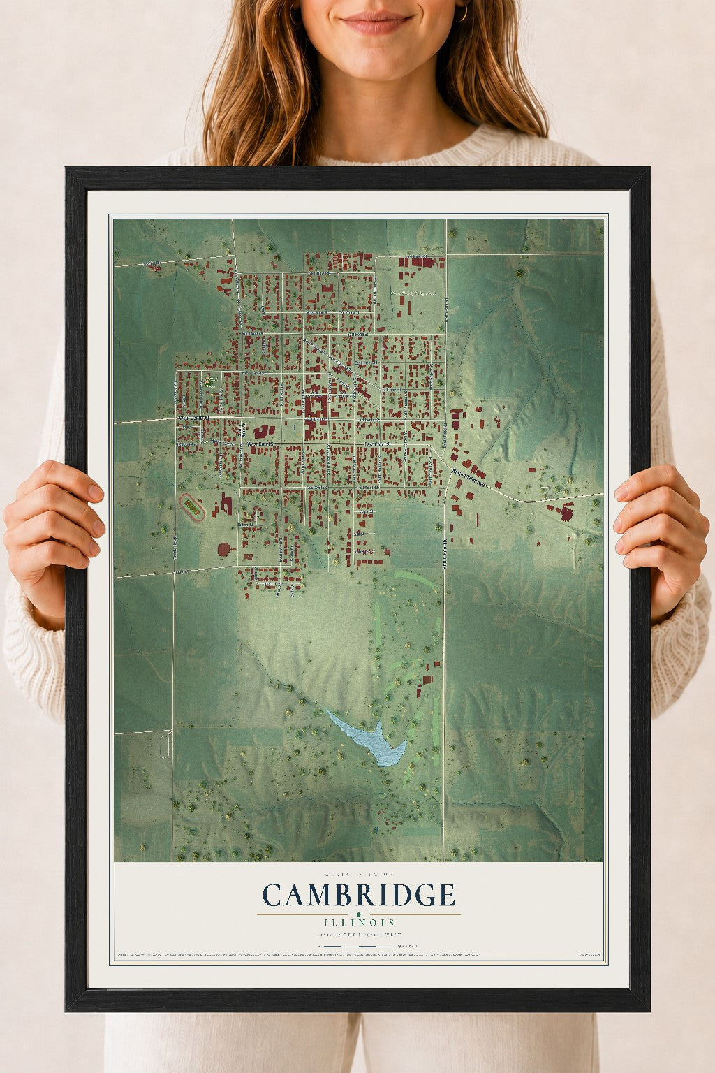 Map of Cambridge, Illinois, 18 x 24 inch print in a black wood frame