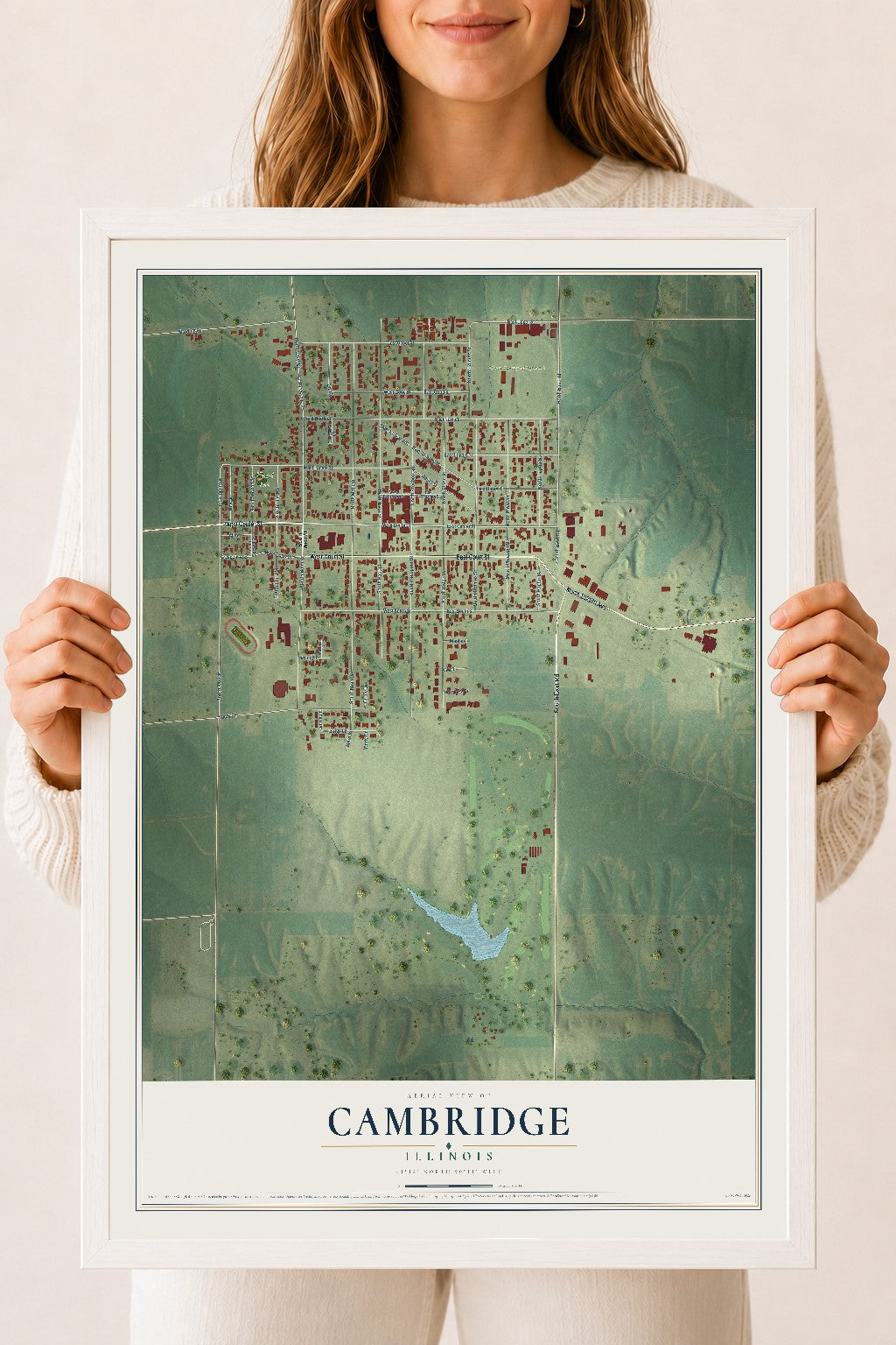 Map of Cambridge, Illinois, 18 x 24 inch print in a white wood frame