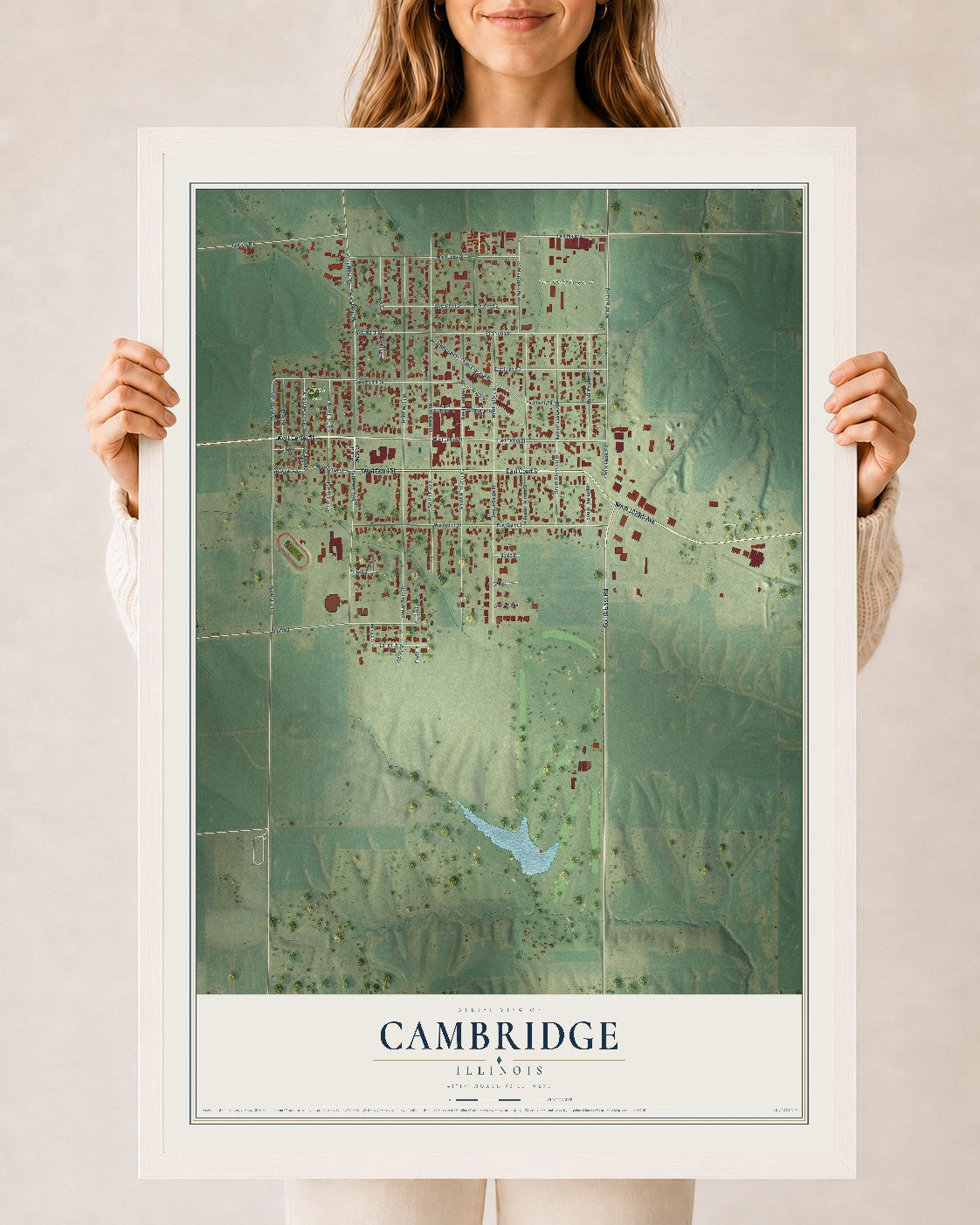Map of Cambridge, Illinois, 24 x 36 inch print in a white wood frame