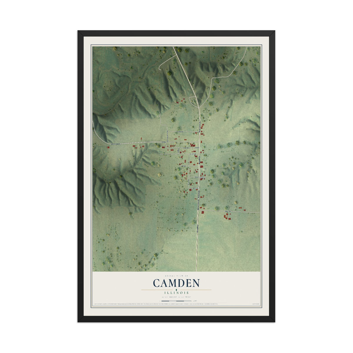 Map of Camden, Illinois, 12 x 18 inch print in a black wood frame