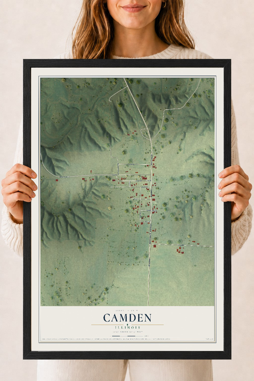 Map of Camden, Illinois, 18 x 24 inch print in a black wood frame