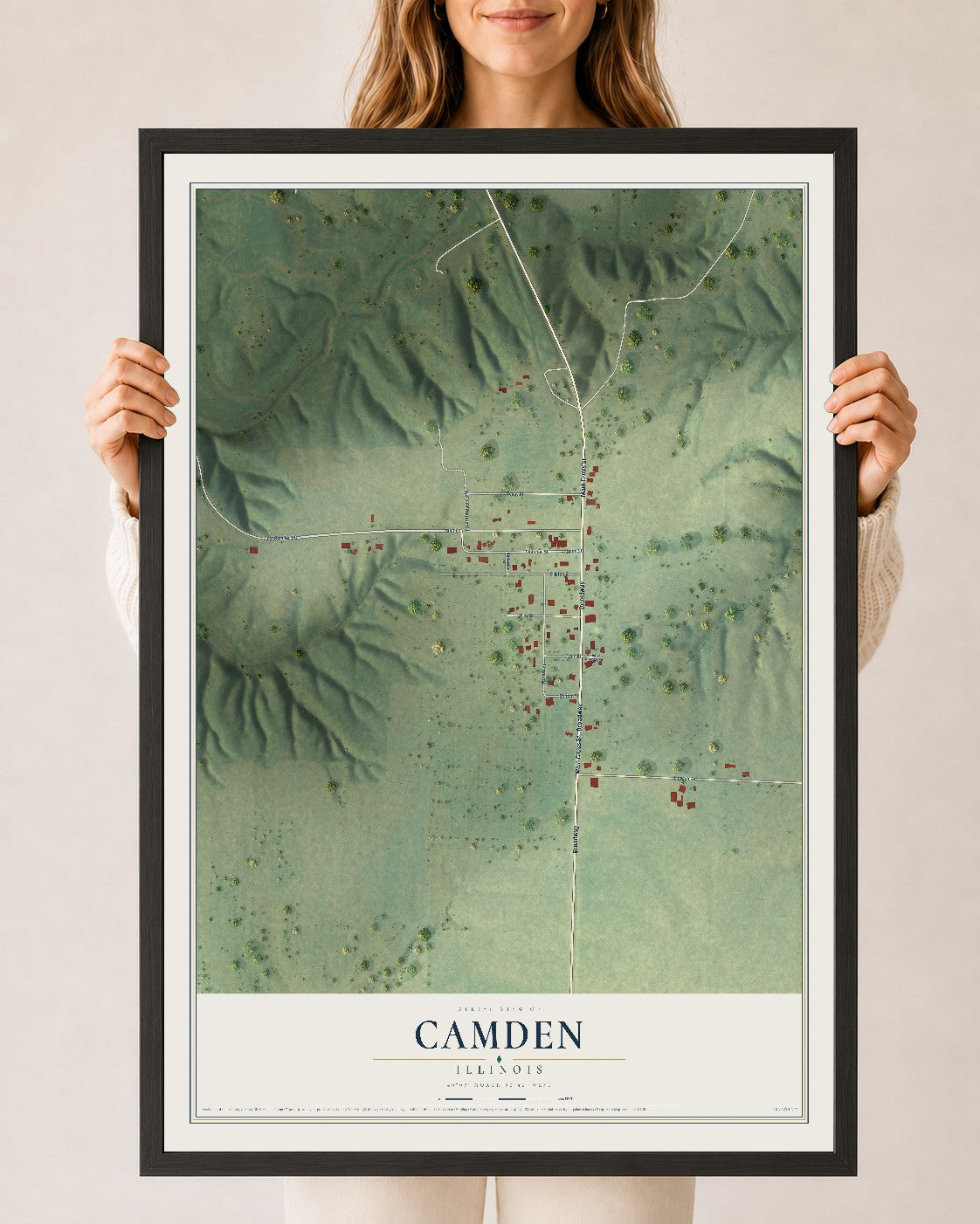 Map of Camden, Illinois, 24 x 36 inch print in a black wood frame