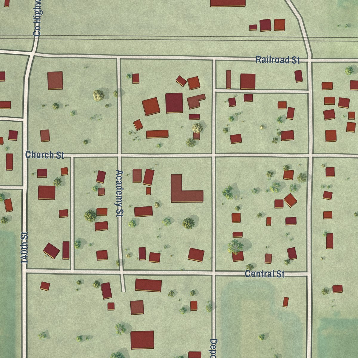 Close-up of the map of Cameron, Illinois print showing street and building detail
