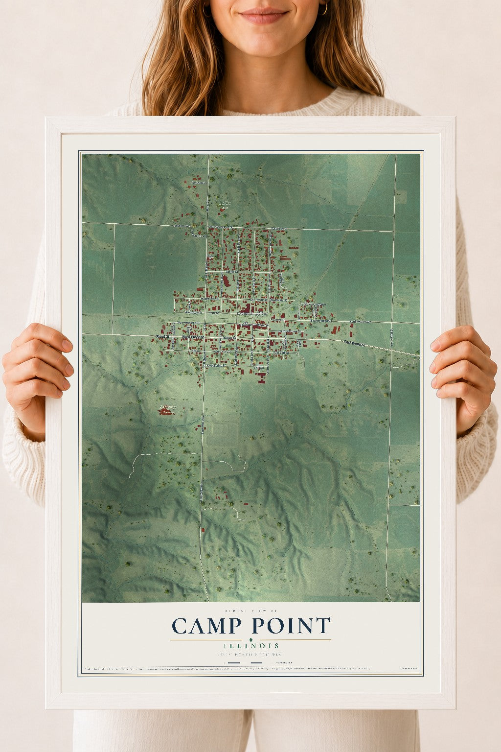 Map of Camp Point, Illinois, 18 x 24 inch print in a white wood frame