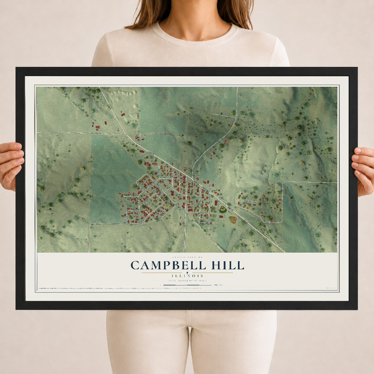 Map of Campbell Hill, Illinois, 18 x 24 inch print in a black wood frame