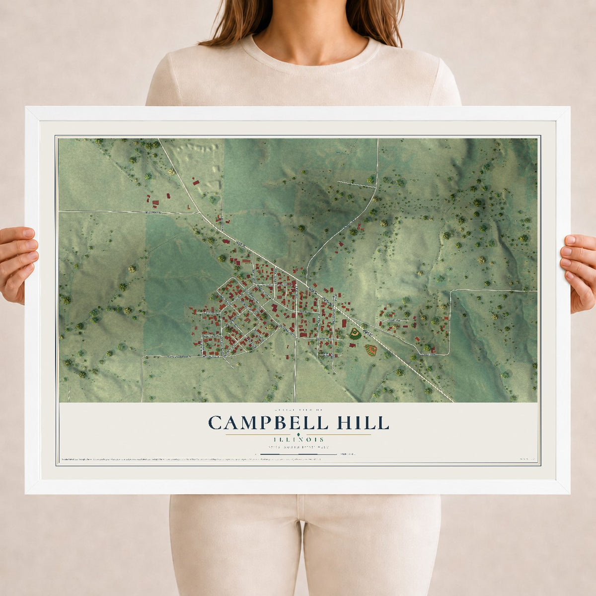 Map of Campbell Hill, Illinois, 18 x 24 inch print in a white wood frame