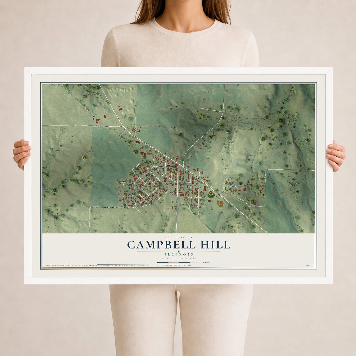 Map of Campbell Hill, Illinois, 24 x 36 inch print in a white wood frame