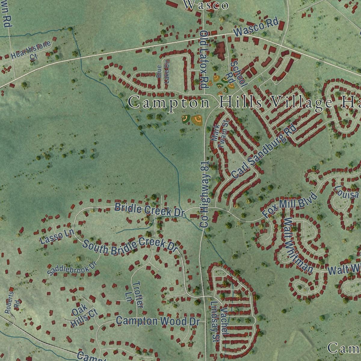 Close-up of the map of Campton Hills, Illinois print showing street and building detail