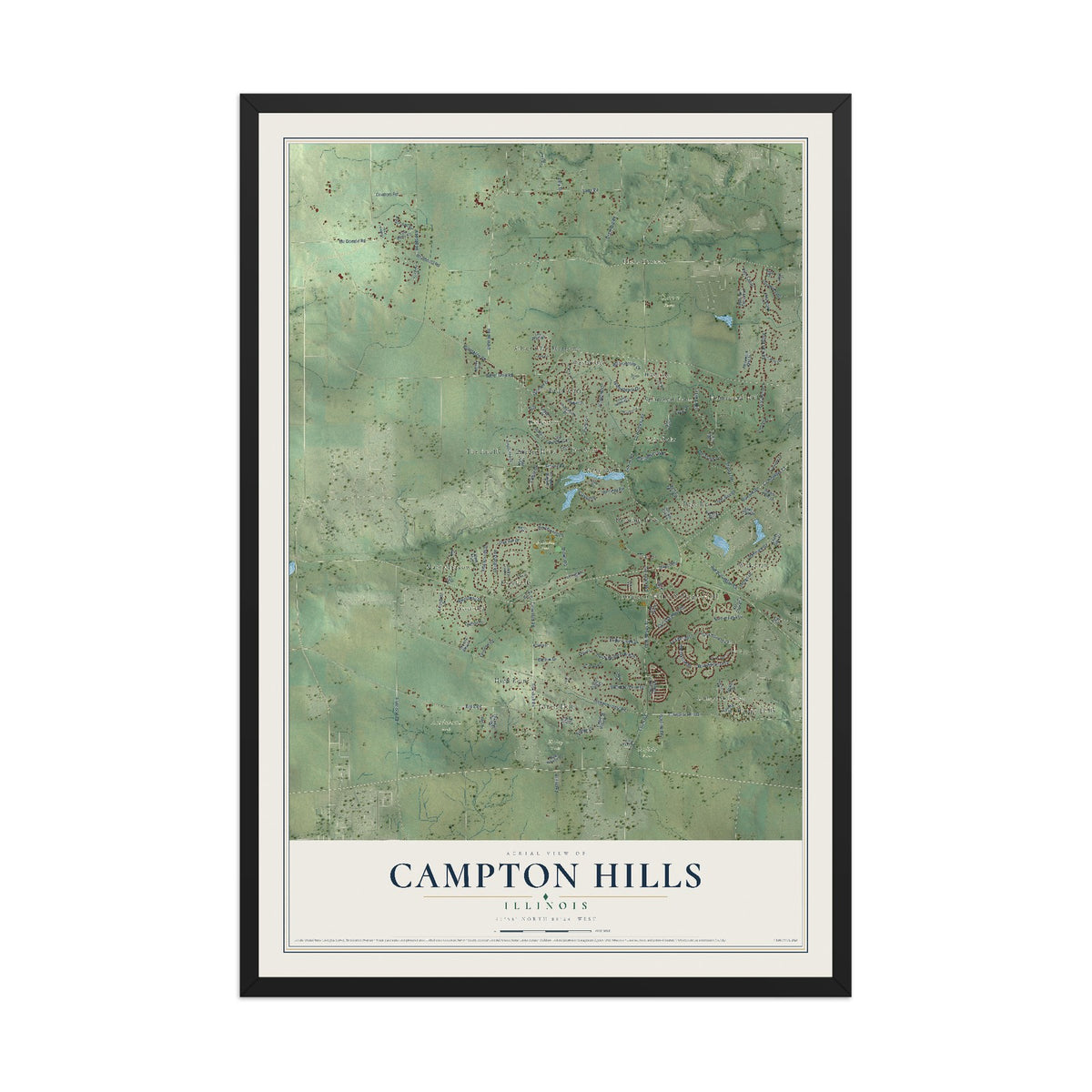 Map of Campton Hills, Illinois, 12 x 18 inch print in a black wood frame