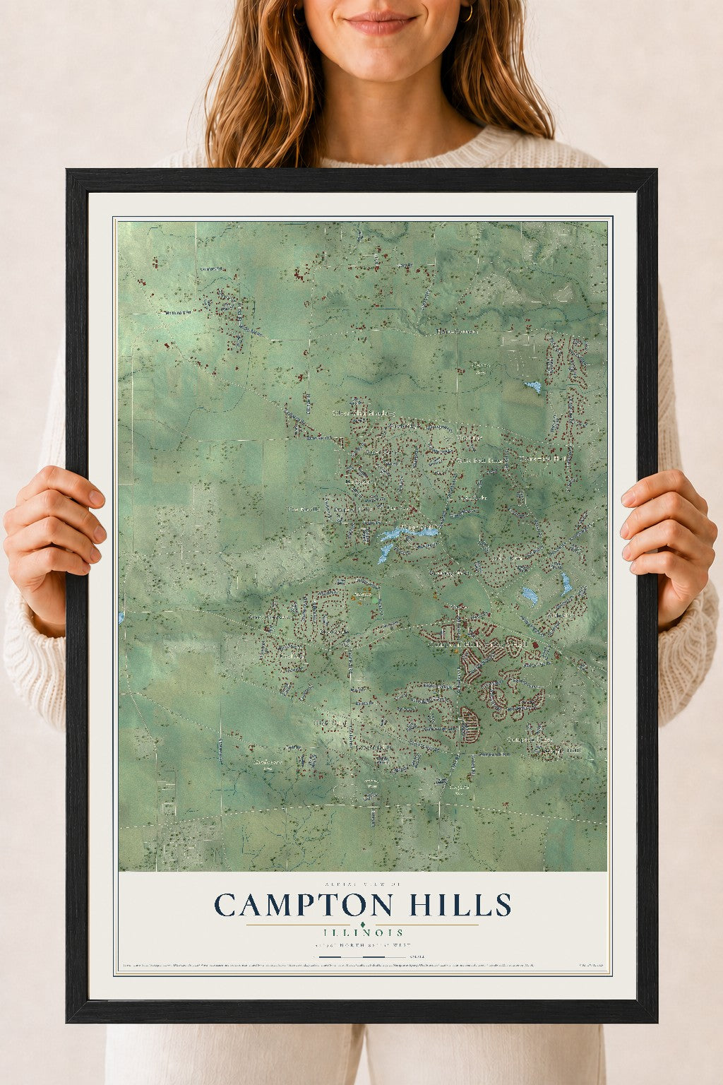 Map of Campton Hills, Illinois, 18 x 24 inch print in a black wood frame