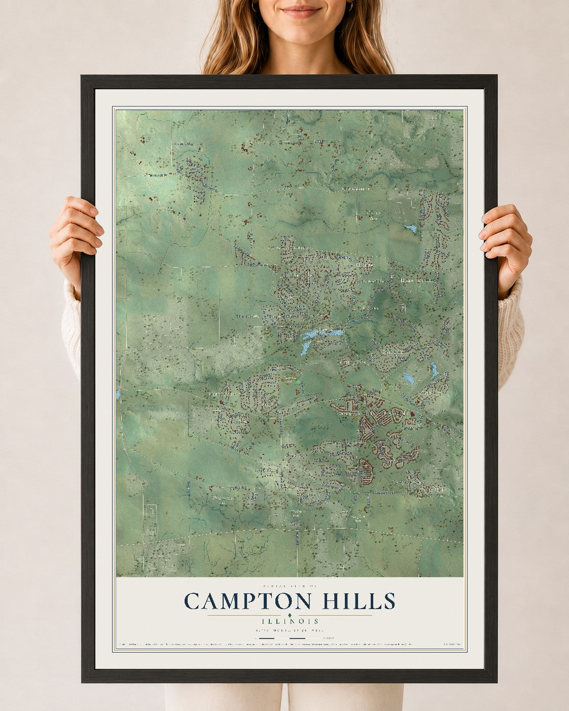 Map of Campton Hills, Illinois, 24 x 36 inch print in a black wood frame