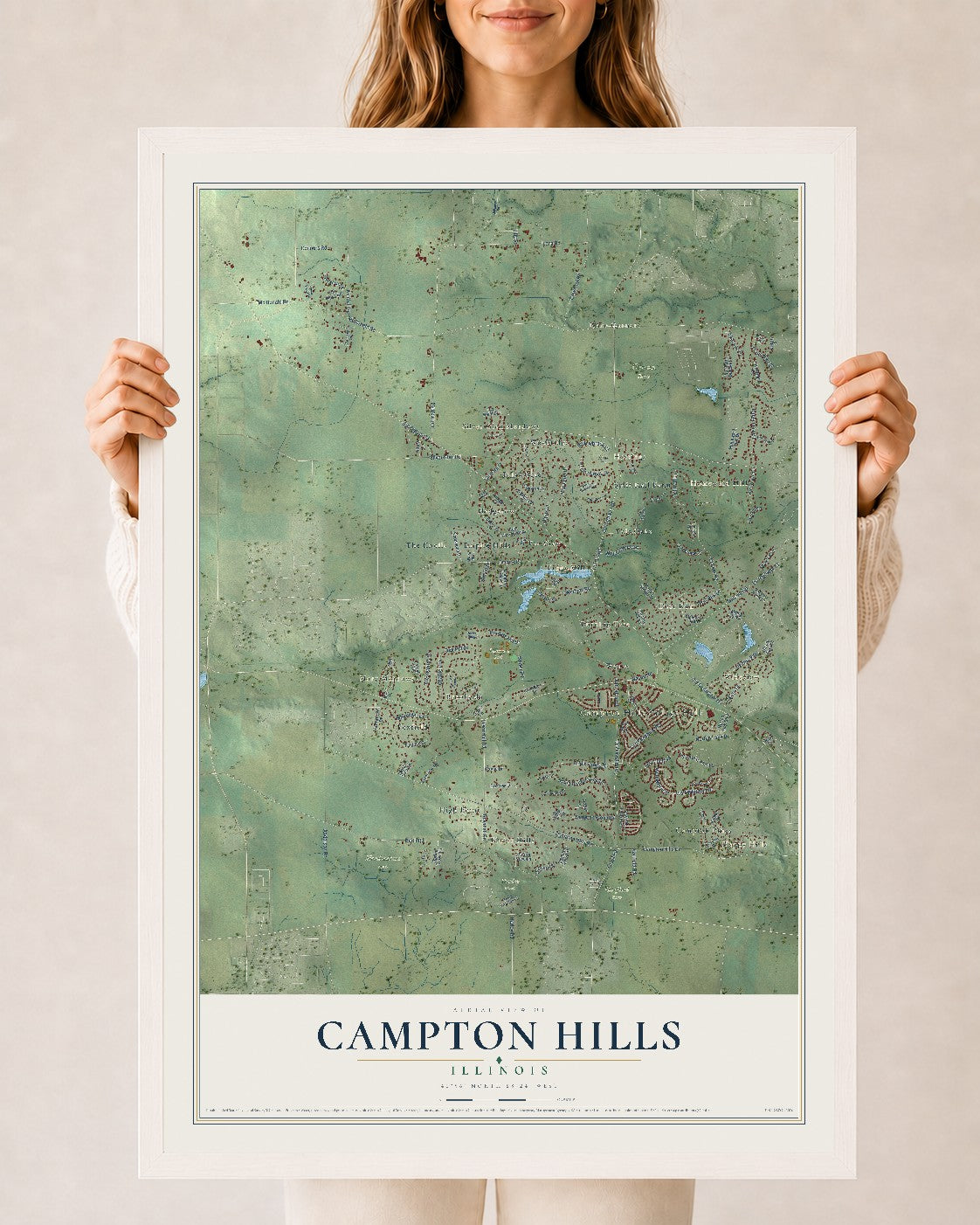 Map of Campton Hills, Illinois, 24 x 36 inch print in a white wood frame