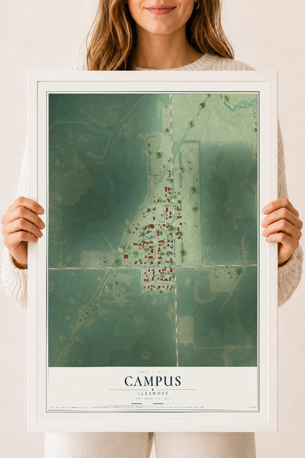 Map of Campus, Illinois, 18 x 24 inch print in a white wood frame