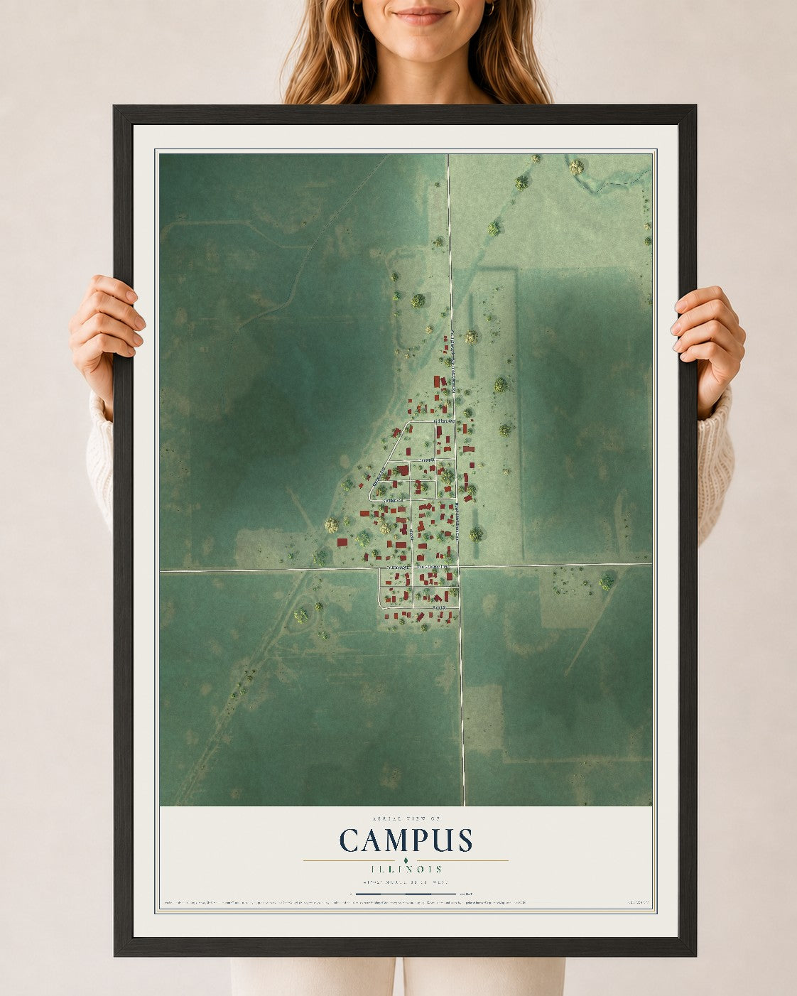 Map of Campus, Illinois, 24 x 36 inch print in a black wood frame