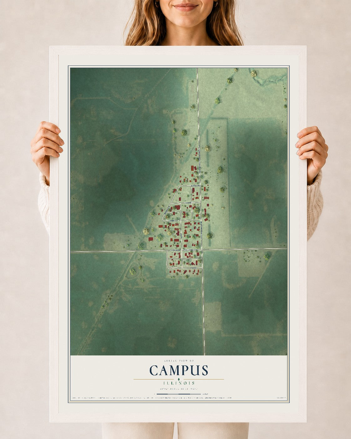 Map of Campus, Illinois, 24 x 36 inch print in a white wood frame