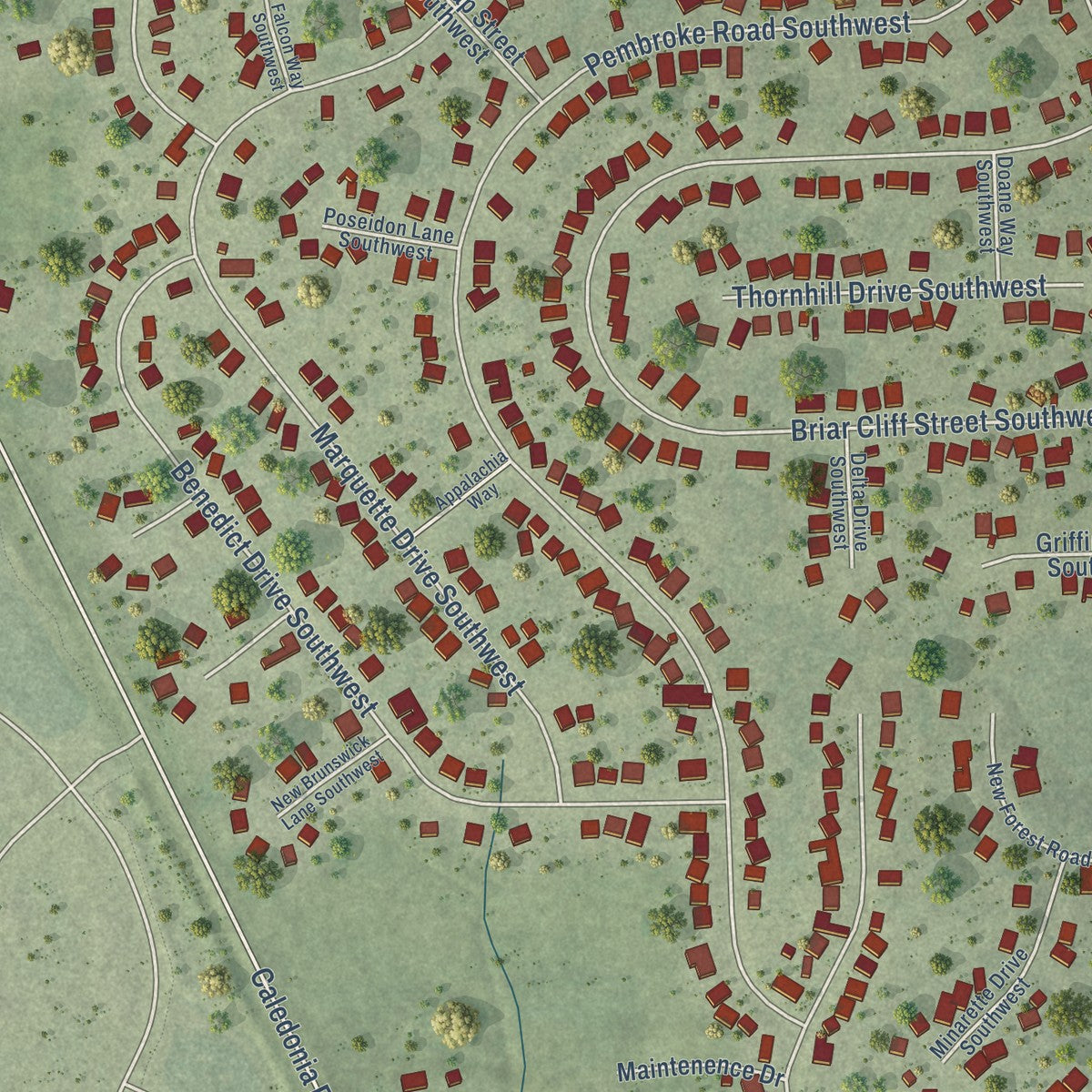 Close-up of the map of Candlewick Lake, Illinois print showing street and building detail