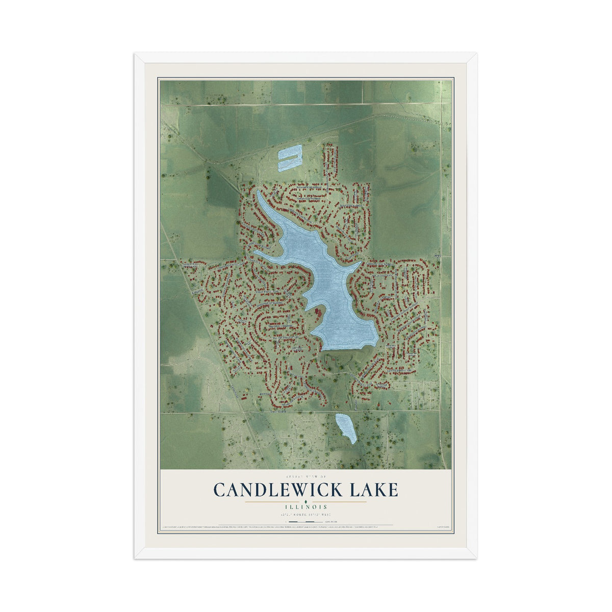 Map of Candlewick Lake, Illinois, 12 x 18 inch print in a white wood frame