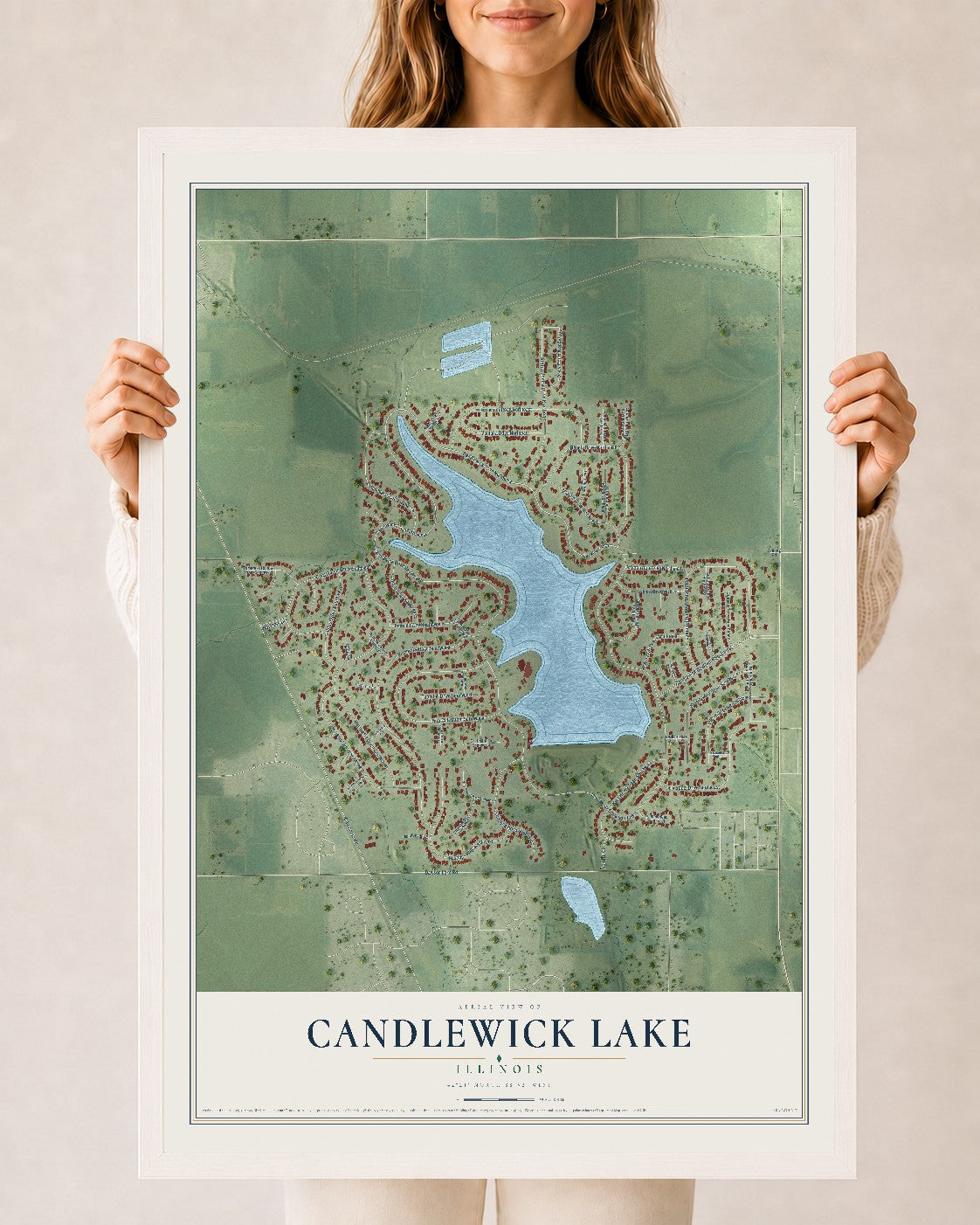 Map of Candlewick Lake, Illinois, 24 x 36 inch print in a white wood frame