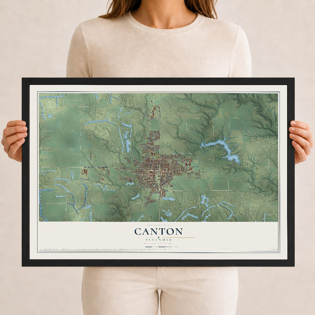 Map of Canton, Illinois, 12 x 18 inch print in a black wood frame