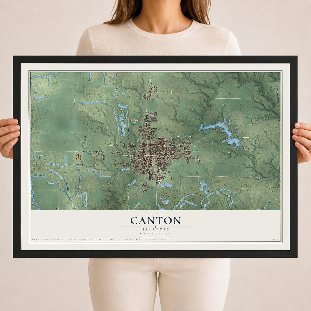 Map of Canton, Illinois, 18 x 24 inch print in a black wood frame