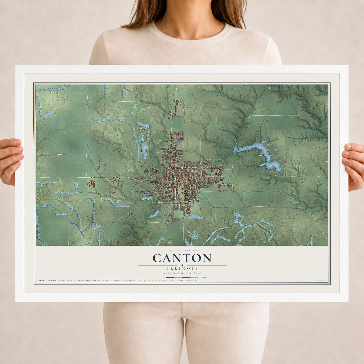 Map of Canton, Illinois, 18 x 24 inch print in a white wood frame