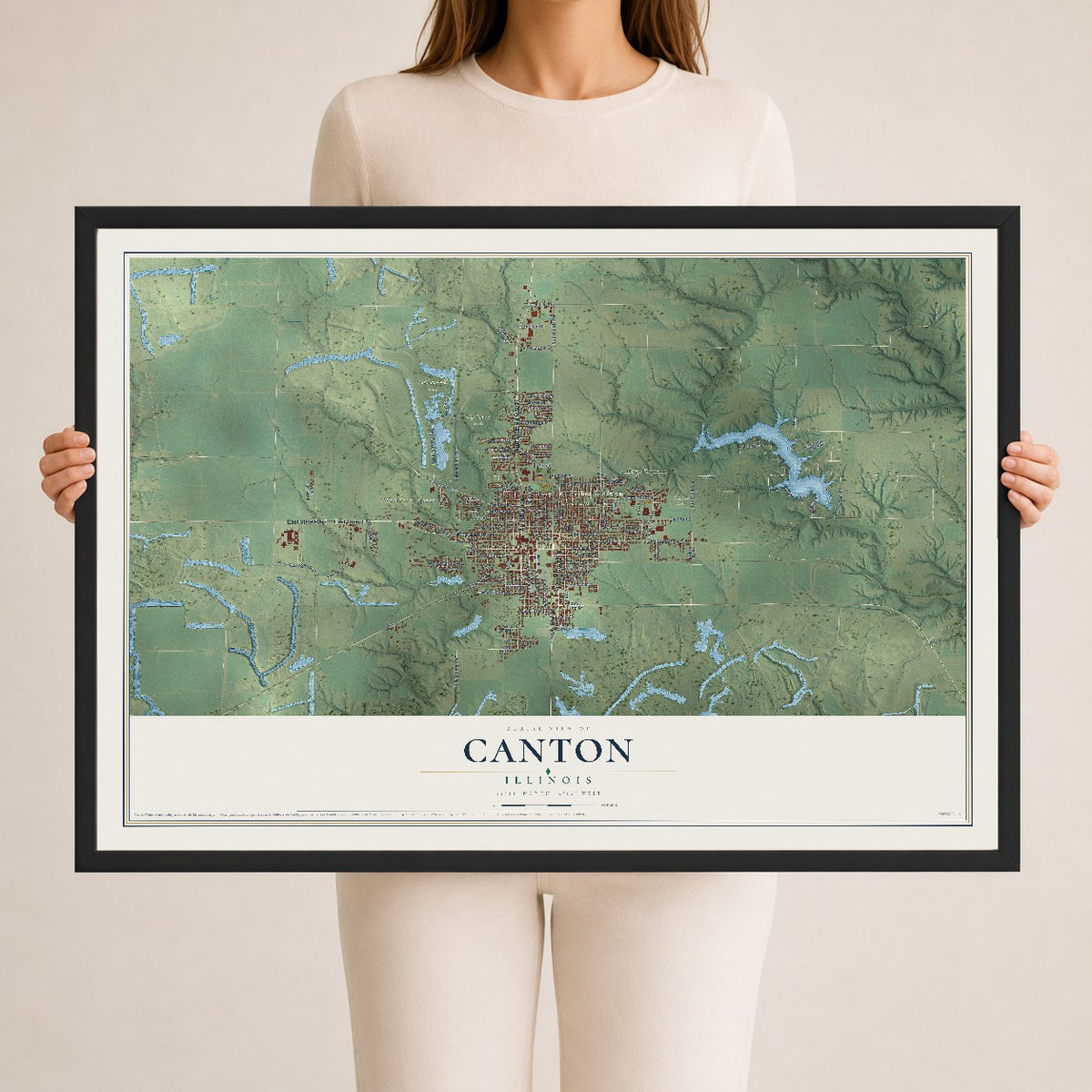 Map of Canton, Illinois, 24 x 36 inch print in a black wood frame