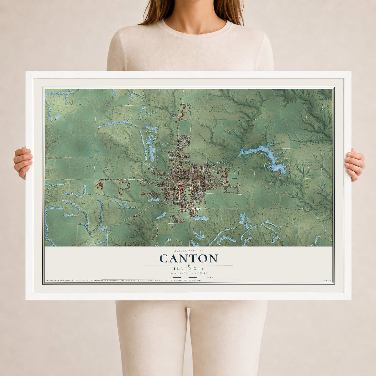Map of Canton, Illinois, 24 x 36 inch print in a white wood frame