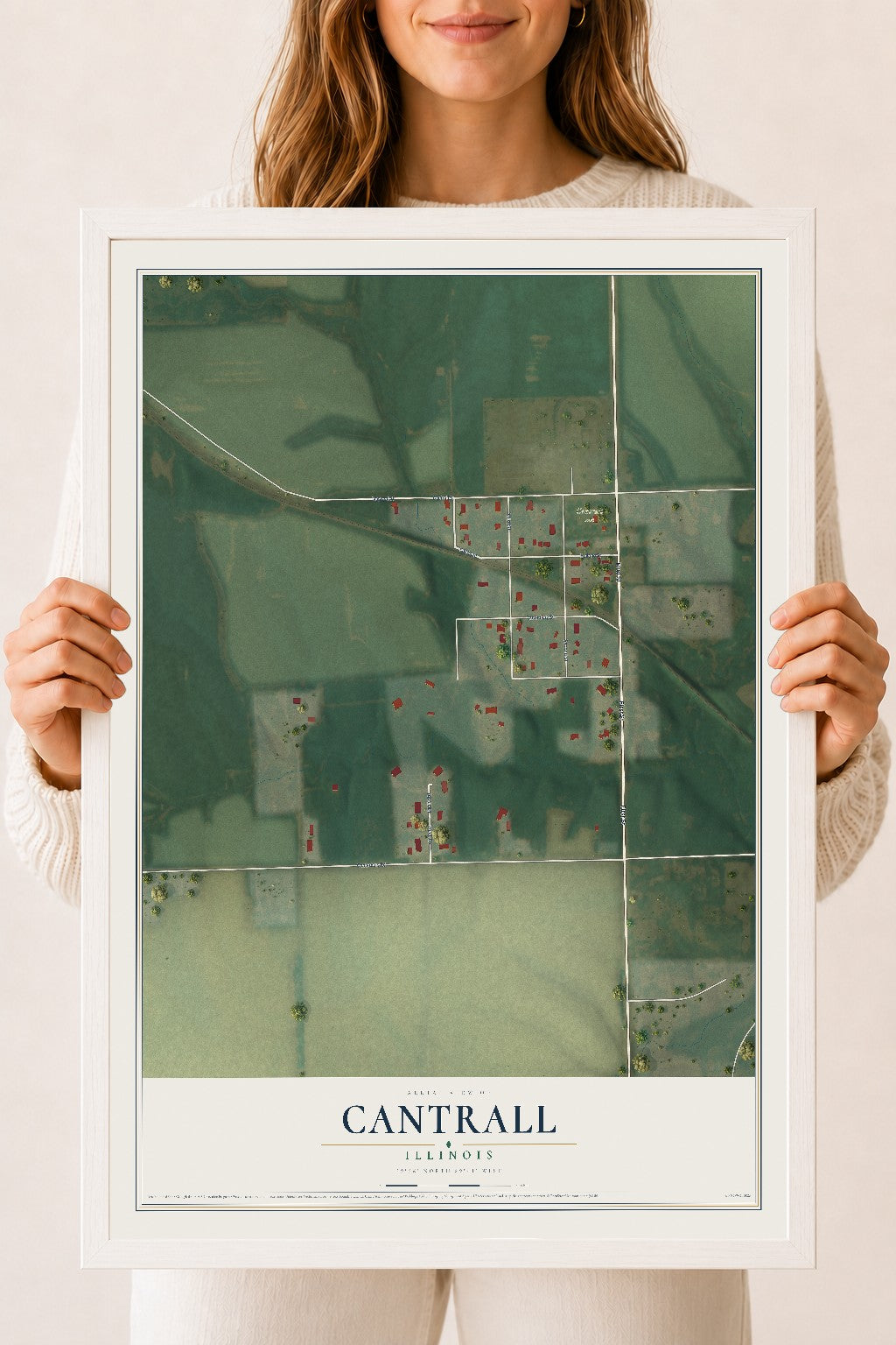 Map of Cantrall, Illinois, 18 x 24 inch print in a white wood frame