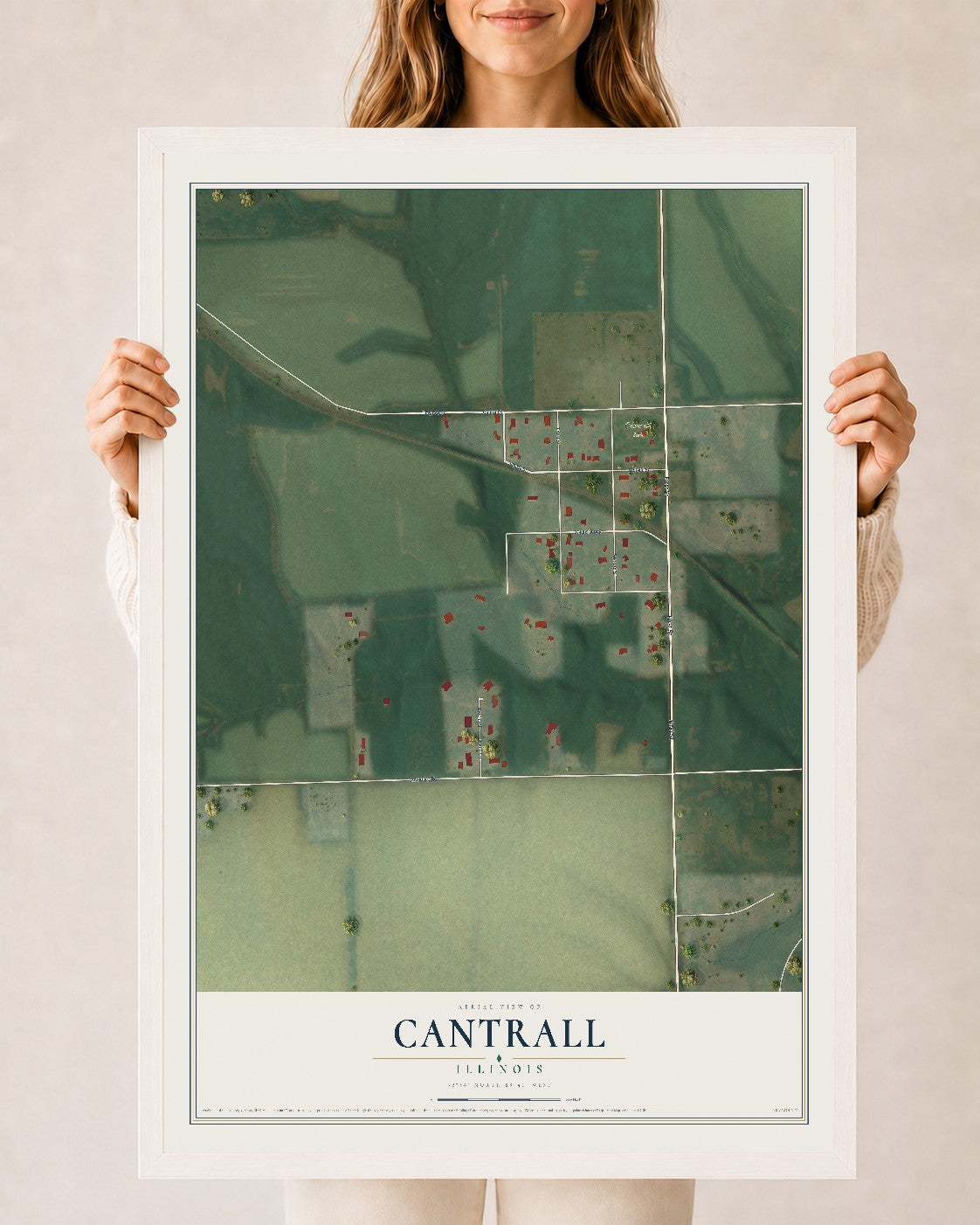 Map of Cantrall, Illinois, 24 x 36 inch print in a white wood frame