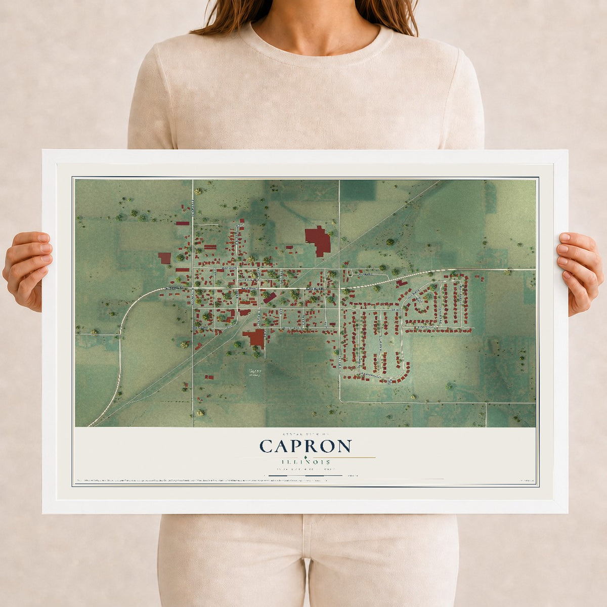 Map of Capron, Illinois, 12 x 18 inch print in a white wood frame