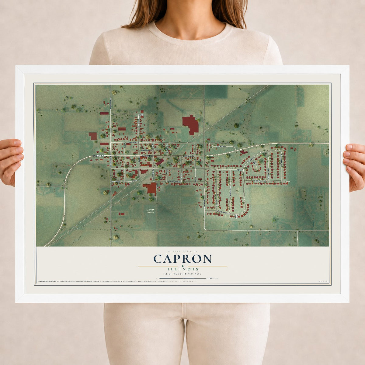 Map of Capron, Illinois, 18 x 24 inch print in a white wood frame