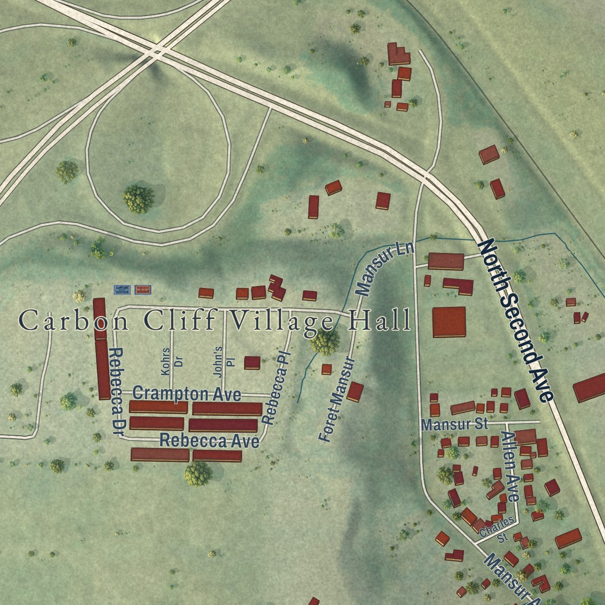 Second close-up of the map of Carbon Cliff, Illinois print showing more streets and buildings