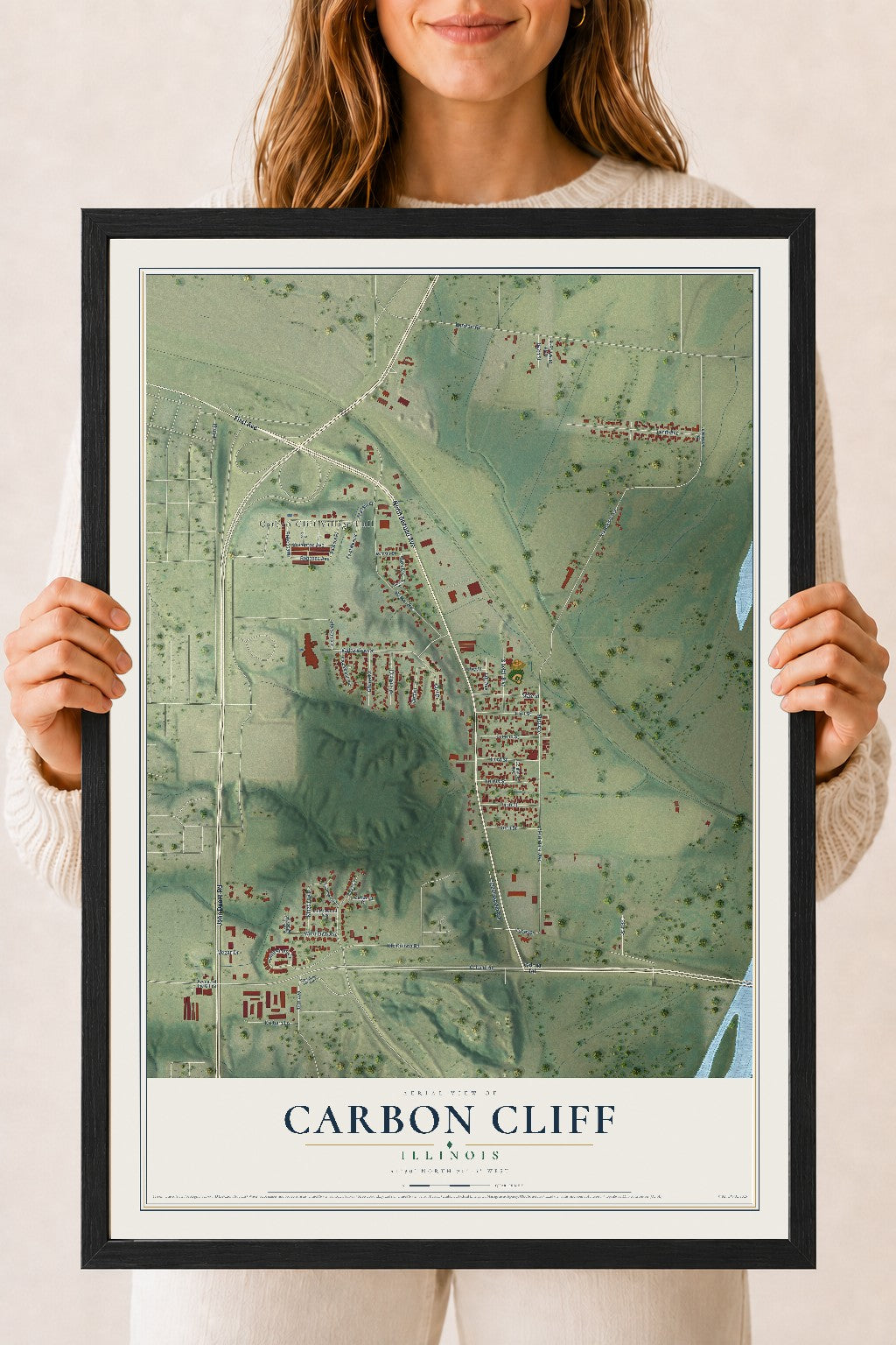 Map of Carbon Cliff, Illinois, 18 x 24 inch print in a black wood frame