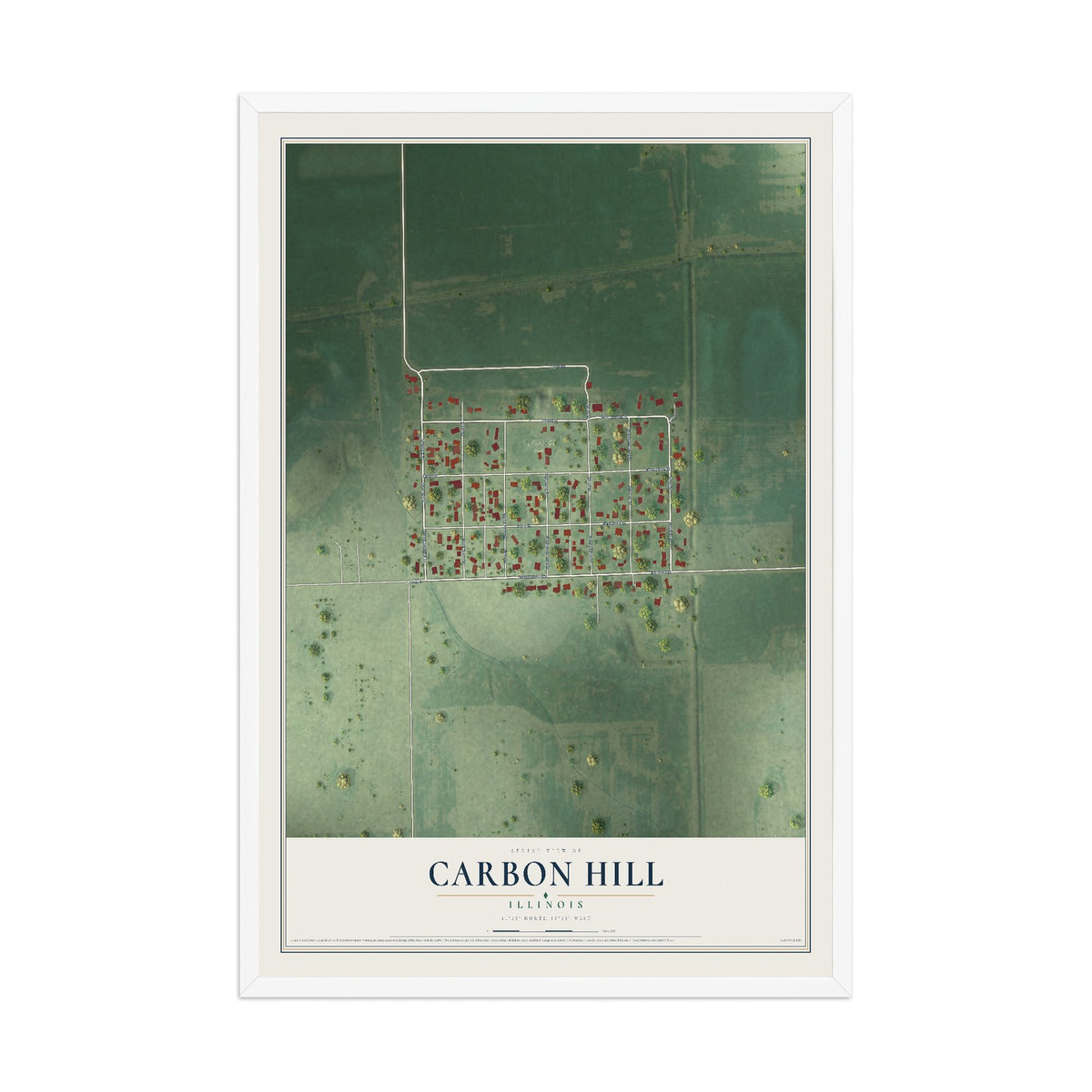 Map of Carbon Hill, Illinois, 12 x 18 inch print in a white wood frame