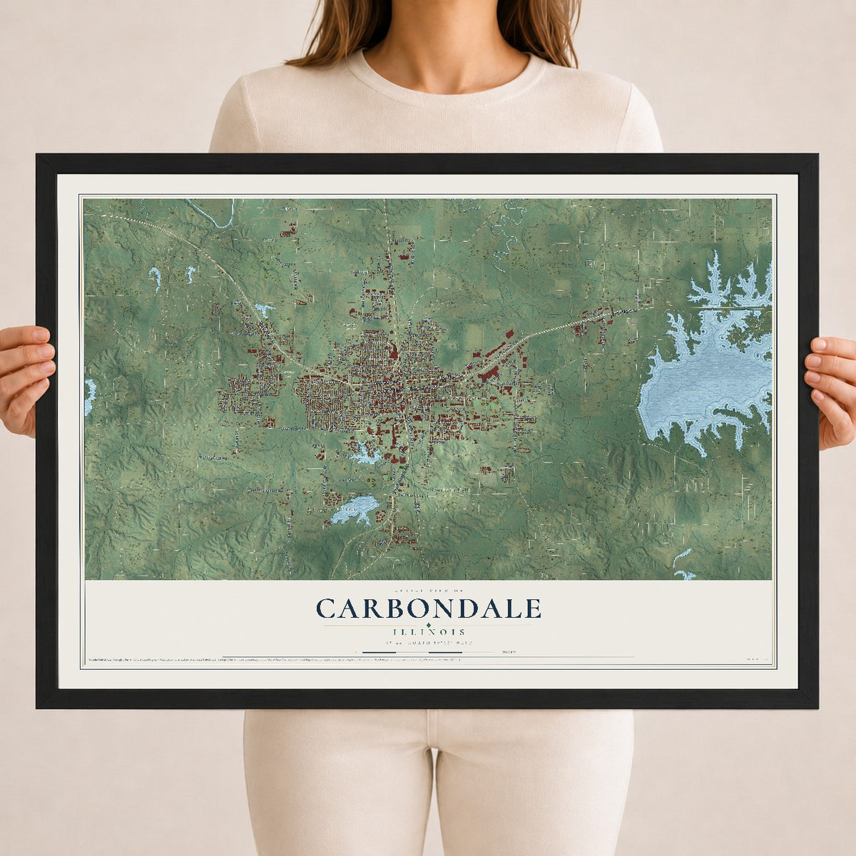 Map of Carbondale, Illinois, 18 x 24 inch print in a black wood frame
