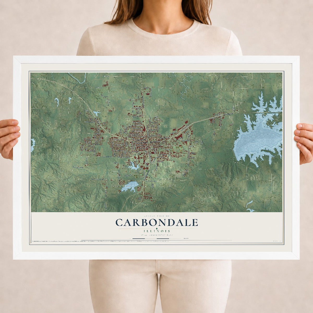 Map of Carbondale, Illinois, 18 x 24 inch print in a white wood frame