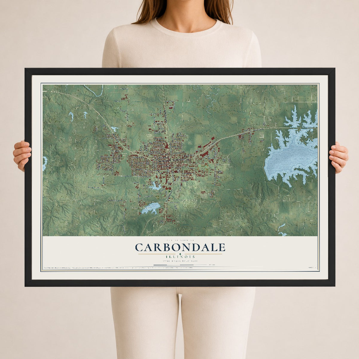 Map of Carbondale, Illinois, 24 x 36 inch print in a black wood frame
