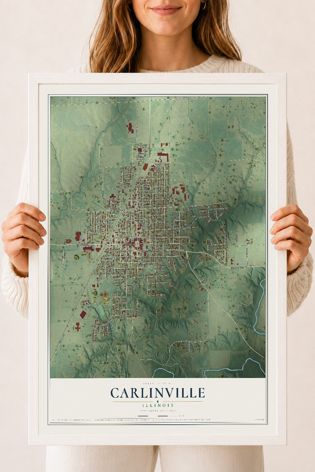 Map of Carlinville, Illinois, 18 x 24 inch print in a white wood frame