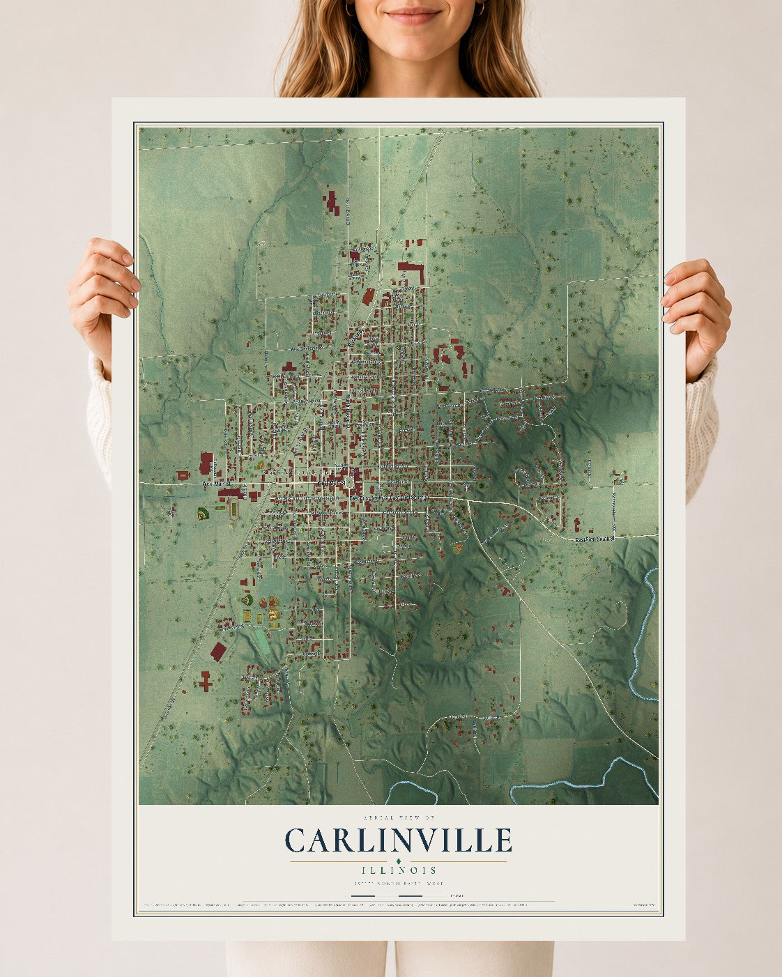 Map of Carlinville, Illinois, 24 x 36 inch unframed archival matte print