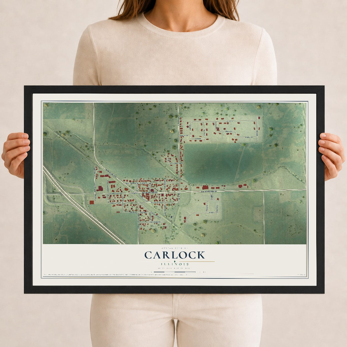 Map of Carlock, Illinois, 12 x 18 inch print in a black wood frame