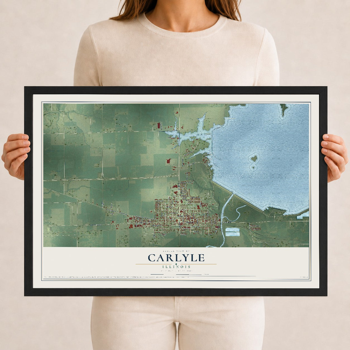 Map of Carlyle, Illinois, 12 x 18 inch print in a black wood frame