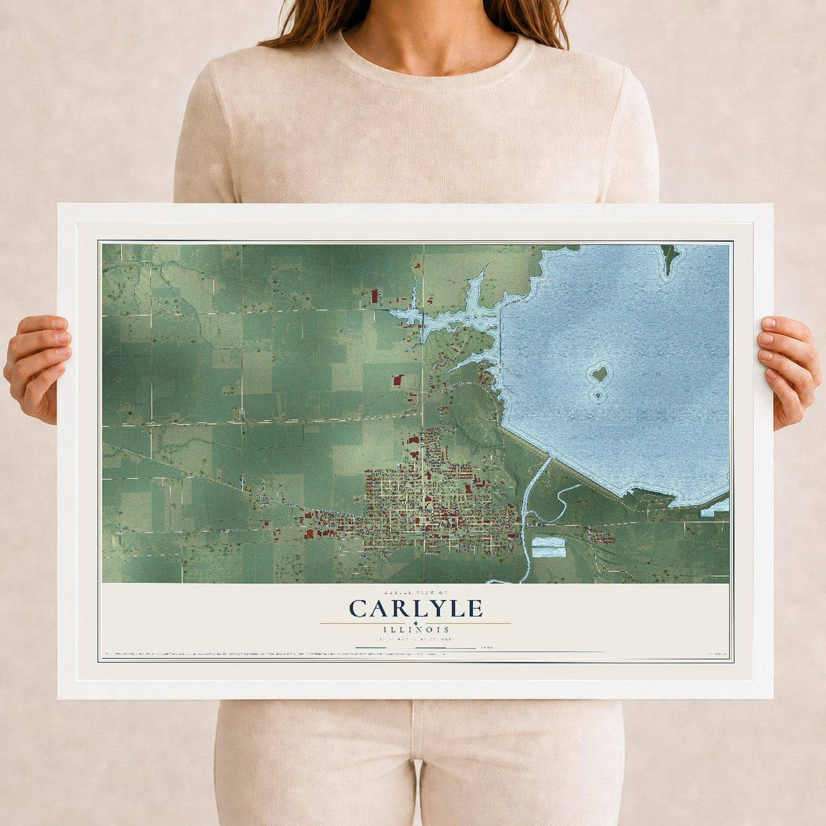 Map of Carlyle, Illinois, 12 x 18 inch print in a white wood frame