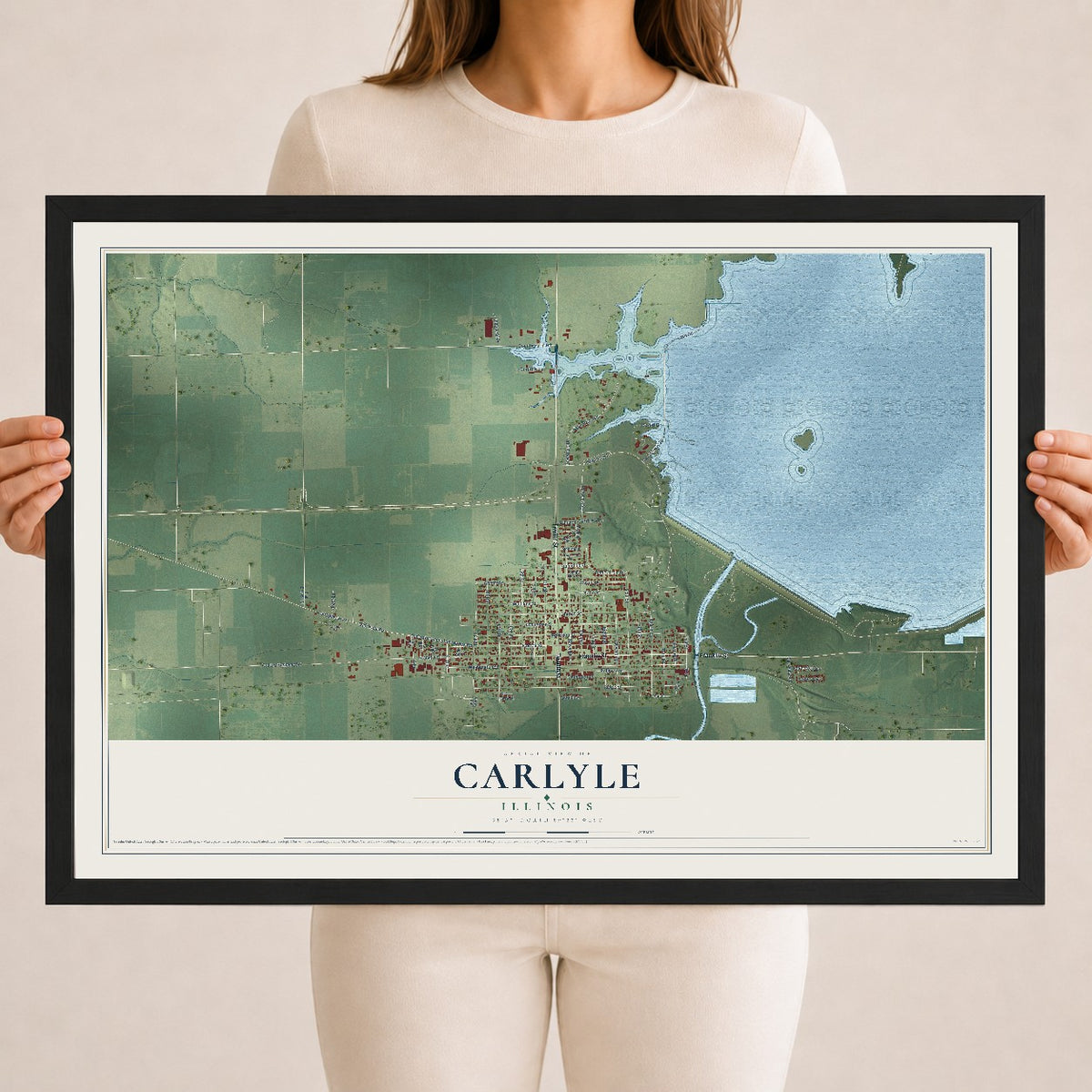 Map of Carlyle, Illinois, 18 x 24 inch print in a black wood frame