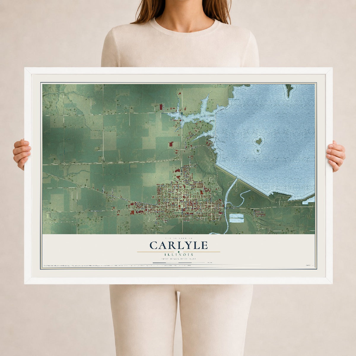 Map of Carlyle, Illinois, 24 x 36 inch print in a white wood frame