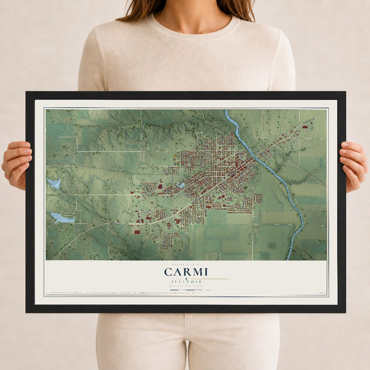 Map of Carmi, Illinois, 12 x 18 inch print in a black wood frame