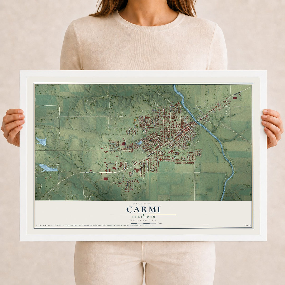 Map of Carmi, Illinois, 12 x 18 inch print in a white wood frame